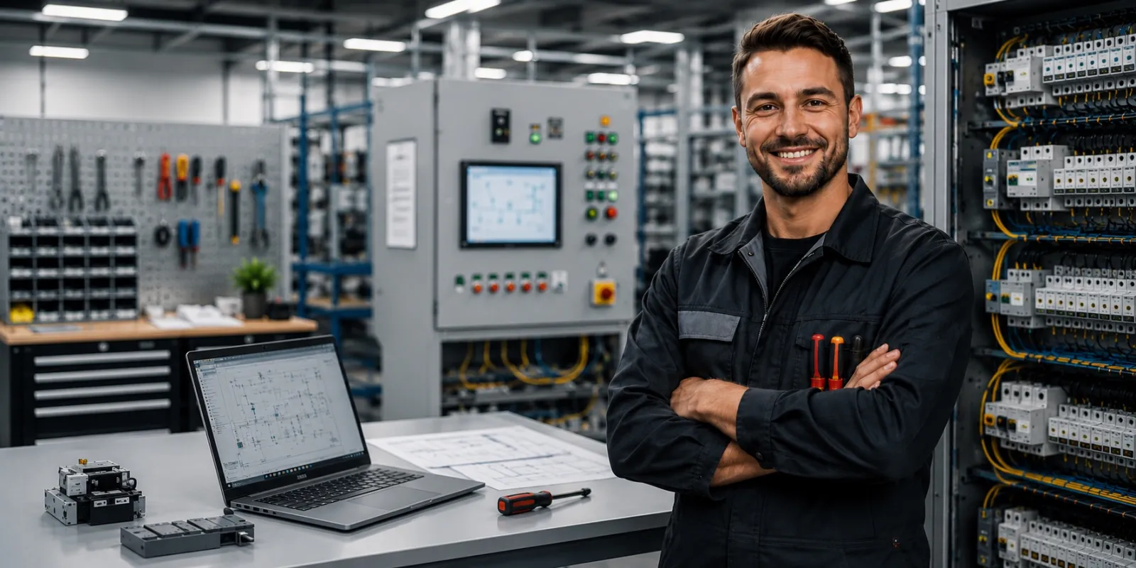 Elektroniker vor einem Schaltschrank in einer modernen Fertigung